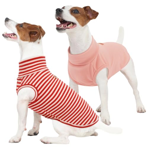 FUAMEY 2 Pack Dog Fleece Vest for Extra Small Dogs,Puppy Stretchy Dog Sweatshirts Warm Dogs Pullover Winter Pet Sweaters with Leash Hole Puppy Turtleneck Sleeveless Pink Stripes XXS XX-Small