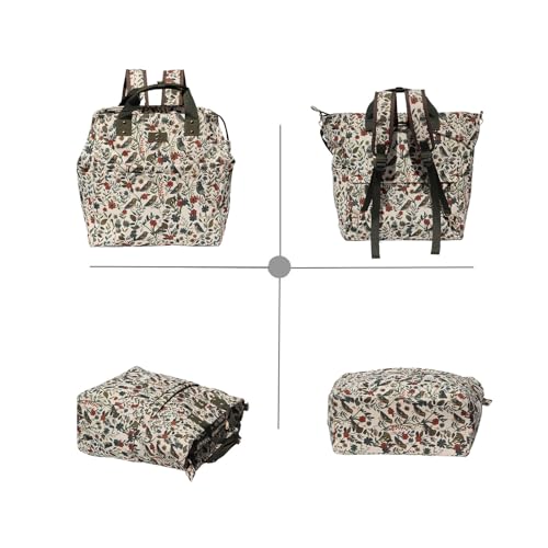 ESVAN Diaper Tote Bag Totepack Backpack Crossbody Bag 3 in 1 for Women Laptop Backpack Multifunctional with Insulated Pockets (Corduroy Leaf Bird)