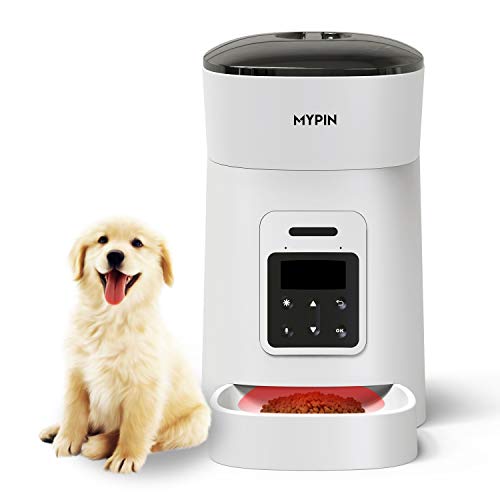 MYPIN Alimentador inteligente para cães e gatos, alimentadores automáticos de alimentos, temporizador programável, controlo da quantidade de refeições, gravação de voz, alarme de alimentos baixos, branco