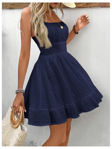 Milumia Women's Summer Square Neck Mini Dress Textured Shirred Backless A-Line Flared Beach Vacation Short Dresses4