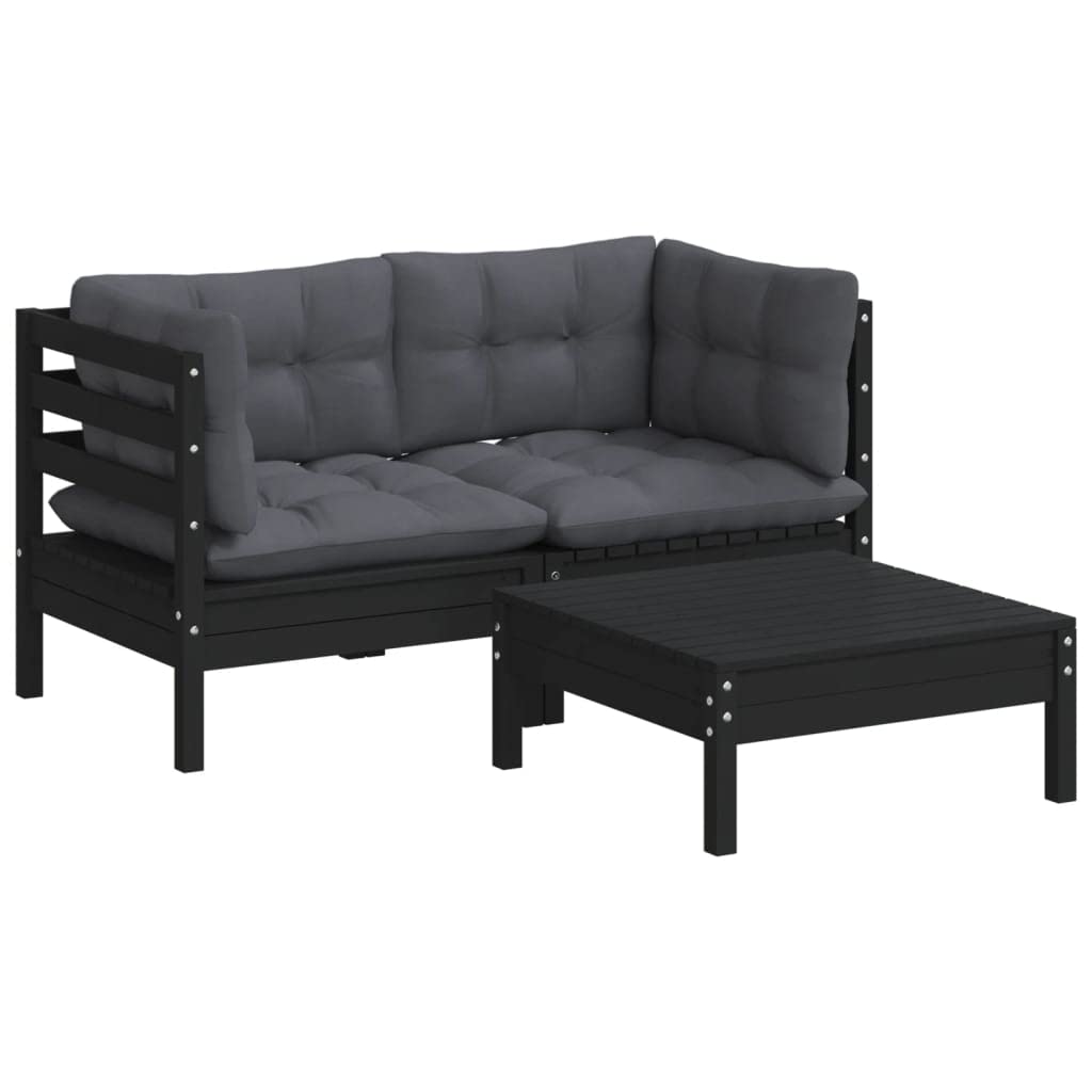 Salon de Jardin 3 Pièces en Bois de Pin Massif avec Coussins Anthracite - Ensemble Canapé d'angle et Table Basse Modulable pour Terrasse, Balcon et Patio - Noir