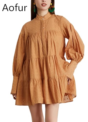 Image of Summer Cotton V Neck Long Losse Sleeve Casual Party A-Line Dresses Embroidery Short Dress
