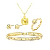 Square Cubic Zirconia Jewelry Sets for Women Gold Plated Earrings Necklace Bracelet Ring Set Crystal Pendant Tennis Bracelet Open Ring Gift for Women