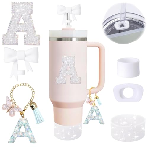 6PCS White Stanley Cup Accessories Set Fit for Stanley Cup 30oz 40oz. Including Handle Charm, Personalized Initial Sticker, Straw Topper, Sparkly Silicone Boot, Spill Proof Stopper (Letter-A)