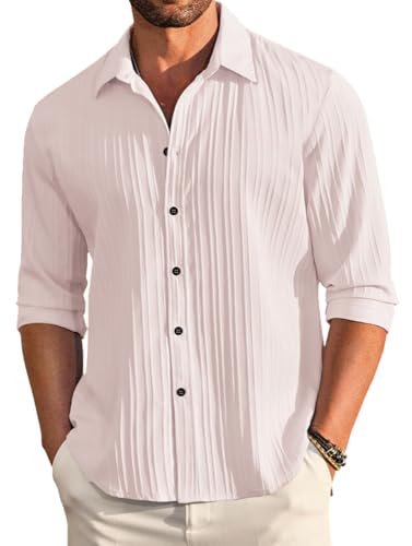 Image of DEELMO Men's Casual Button Down Shirts Long Sleeve Linen Shirt Fashion Textured Beach Summer Shirt
