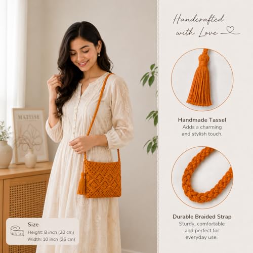 Image of Women's Handmade Macrame Crossbody Sling Bag Tote Bags Beautiful & Fancy Ladies Purse For Girls Women's Mobile Pouch Friends Gifts Birthday Marriage Party and Events,1- Piece