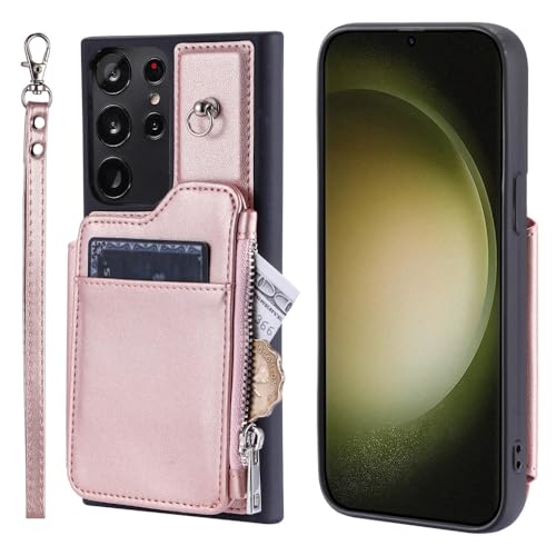 Étui portefeuille Samsung S23 Ultra LVTFCO en cuir rose pour vos sorties citadines