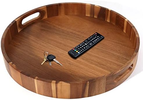 Round Wooden Serving Tray with Handles,20" Large Diameter Wood Serving Trays for Ottoman,Rustic Acacia Wood Circle Tray for Eating, Entertaining,Decorating and Organizing