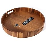 Round Wooden Serving Tray with Handles,20" Large Diameter Wood Serving Trays for Ottoman,Rustic Acac