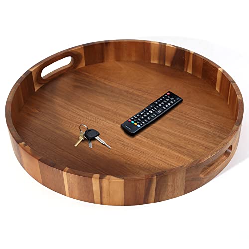 Round Wooden Serving Tray With Handles,20" Large Diameter Wood Serving Trays For Ottoman,Rustic Acacia Wood Circle Tray For Eating, Entertaining,Decorating And Organizing #TOP3