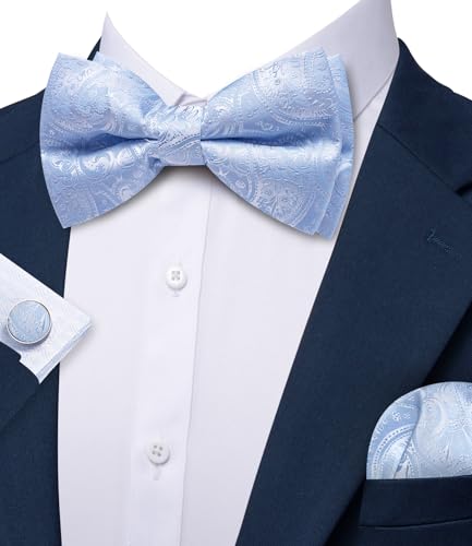Image of Barry.Wang Paisley Striped Bow Tie for Men Silk Pre-Tied Bowtie Pocket Square Cufflinks Set Formal Wedding Party Prom