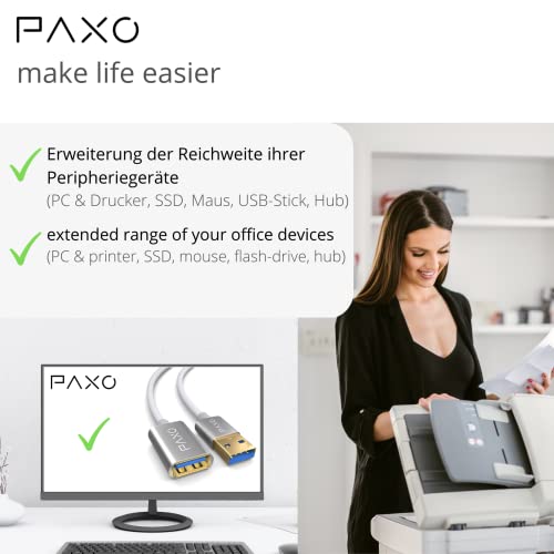 PAXO USB extension 5m, 10 Gbit/s (1.25 GByte/s), USB 3.2 Gen2 (3.0, 3.1), USB extension cable, A plug to A socket, white, fabric jacket - Image 3