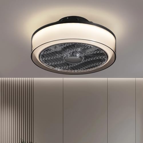 Size Medium Color White And Grey Low Profile Bladeless Ceiling Fan with Light, Amber Shade Flush Mount Ceiling Fan for Bedroom, Living Room, Office, Kitchen, APP & Remote, 6-Speed Quiet DC Motor (30dB)