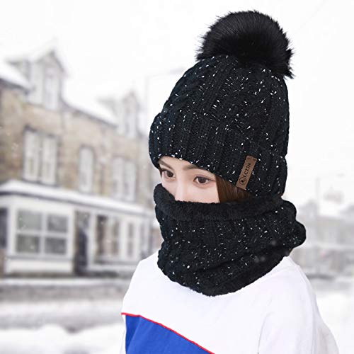 Lcztn Womens Pom Beanie Hat Scarf Set Girls Cute Winter Ski Hat Slouchy Knit Skull Cap With Fleece Lined #TOP4