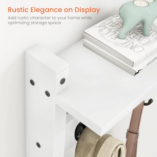 Image of Homode Wall Shelf with Hooks, Coat Rack Wall Mount with Pegs, Hanging Entryway Coat Hanger, Wood and Iron Shelf for Bathroom, Hallway, Bedroom, White
