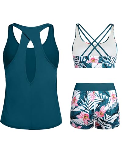 Image of Tempt Me 3 Piece Tankini Swimsuits for Women Athletic Bathing Suits Swim Tank Top with Boy Shorts and Bra Modest Swimwear