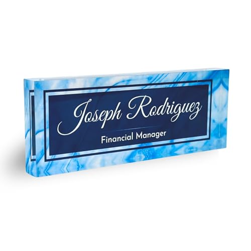 Customized Clear Acrylic Thick 8x3" Desk Name Plate Block with Personalized Logo - Professional Office Decor - Customized Acrylic Plate Gift for Teacher Co-workers (Blue Wave)