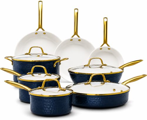 Image of GOTHAM STEEL Hammered 13Pc Pots and Pans Set Non Stick Ceramic Cookware Set