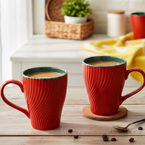 Image of The Earth Store Red Fusion Wave Coffee Mug - 300ML Ceramic Coffee Mugs Set of 4 | Microwave & Dishwasher Safe Mugs for Gift | Home | Office | Restaurant | Daily Use Tea Mug