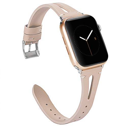 Wearlizer Beige Leather Compatible with Apple Watch Band 38mm 40mm for iWatch SE Womens Mens Special Triangle Hole Straps Wristband Cool Replacement Bracelet (Metal Silver Buckle) Series 6 5 4 3 2 1