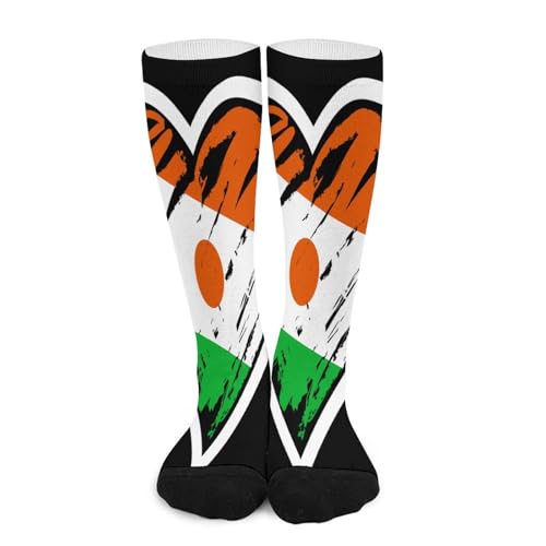 Melbrakin Niger, drapeau et cœur Chaussettes de compression pour femmes et hommes, mi-hautes, idéales pour la course à pied et les voyages.