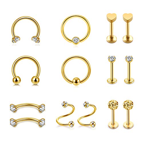 Jovivi 16G Lip Rings Stainless Steel Monroe Labret Studs Cartilage Tragus Earrings Nose Ring Hoop Lobe Daith Rook Helix Earring Stud Barbell Piercing Jewelry for Women Men 14 Pcs