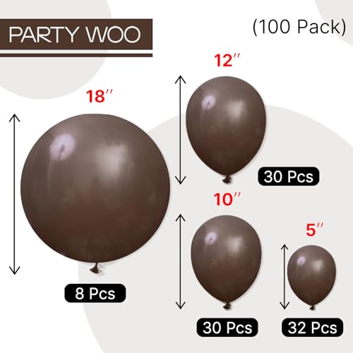 Image of PartyWoo Dark Brown Balloons 100pcs Different Sizes of 18 12 10 5 Inch Boho Coffee Neutral Fall Balloon Arch Kit for Bachelorette Baby Shower Anniversary Birthday Party Decorations Brown-F20