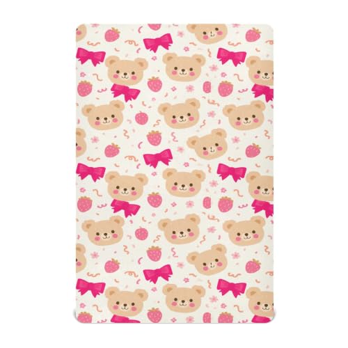 Image of Crib Sheet Breathable Soft Crib Mattress Sheet for Baby Toddler Boys Girls Fitted Pack n Play Crib Sheet Fit Standard Crib Mattress 52 x 28 Inch Beige Pinks Strawberry Bear Bow