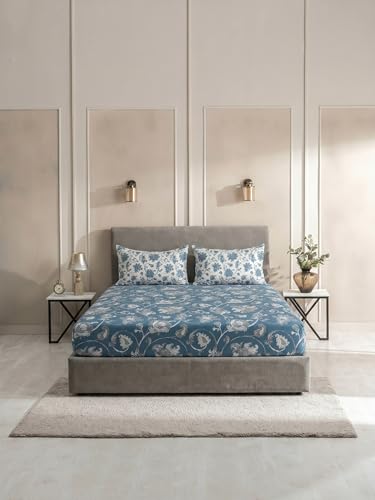 Image of DDECOR Live Beautiful 100% Compact Combed Cotton Ethnic King Flat Bedsheet with 2 Pillow Covers | Rotary Print 145TC | Perfect for Everyday Bedroom Use | Cresta Collection | 2.24 x 2.54 M|Pacific Blue