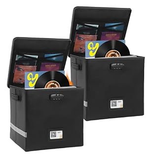 2 Packs Vinyl Record Storage Box with Smart Labels,Fireproof Record Crate Collapsible Waterproof Album Storage with Lid for LP Album Collection,100+ Single Records,Combination Lock Black - Les Beatles, Paul McCartney, John Lennon, RIngo Starr, George Harrison