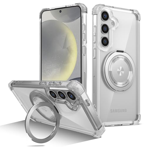 Coque Samsung S24 charge sans fil Golden Shield transparente avec support rotatif 360