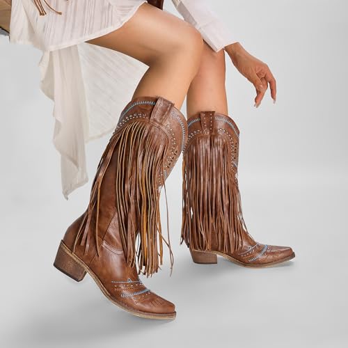 Fringe Cowboy Boots for Women Wide Calf Embroidered Tassal Cowgirl Boot Knee High Snip Toe Pull On Western Shoes4