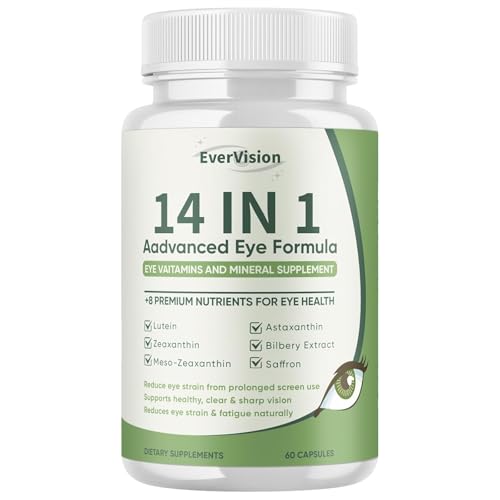 EVERVISION 14 in 1 Advanced Eye Formula Eye Supplement with Lutein Zeaxanthin Astaxanthin Bilberry Extract & Zinc Eye Vitamin and Mineral Supplement for Adults & Seniors 60 Capsules (1)