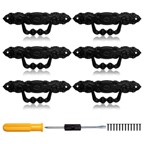 Keboyoe 6 Piezas Tiradores Cajones Vintage Manija de Vintage de Puerta de Muebles con Tornillos, Destornillador Tiradores Cocina Armarios Negro tiradores de Metal para Puerta de Armario Cajones