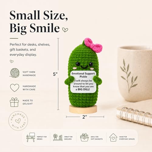 Image of Emotional Support Pickle Crochet with Stand. Handmade Positive Pickle Gift for Women, Friends, Family, Co Workers. Birthday Gifts. Best Friends (Pink Support Pickle)