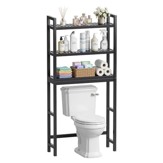 SMIBUY Bathroom Storage Shelf, Bamboo Over-The-Toilet Organizer Rack, Freestanding Toilet Space Saver with 3-Tier Adjustable Shelves (Black)