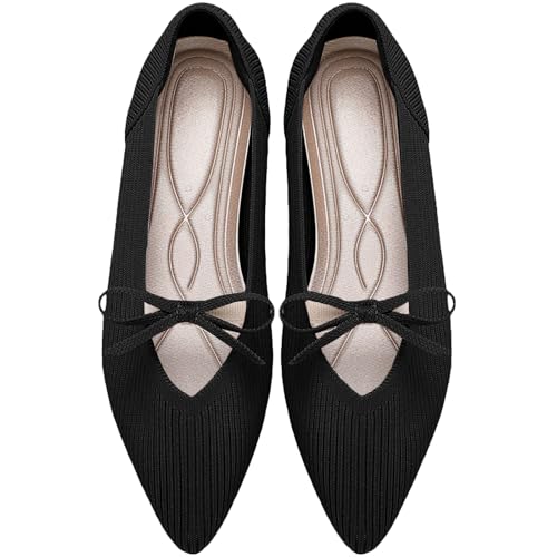 Image of TINGRISE Women's Pointed Toe Flats Comfortable Knit Ballet Shoes Washable Dressy with Bow Business Casual Work Shoes