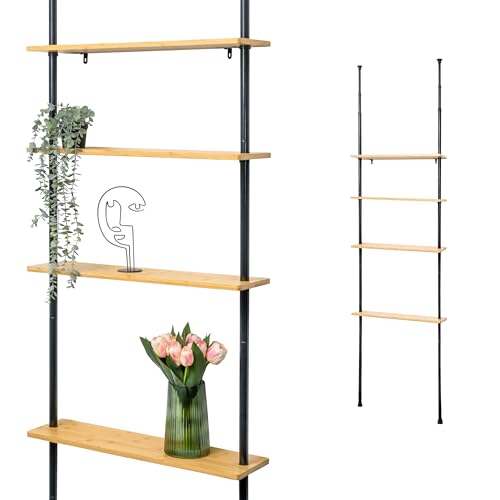 bremermann Étagère Murale télescopique avec 4 étagères en Bambou, Polyvalente dans Le Salon, Le Couloir, la Salle de Bain, Le Bureau ou la Cuisine (Noir)