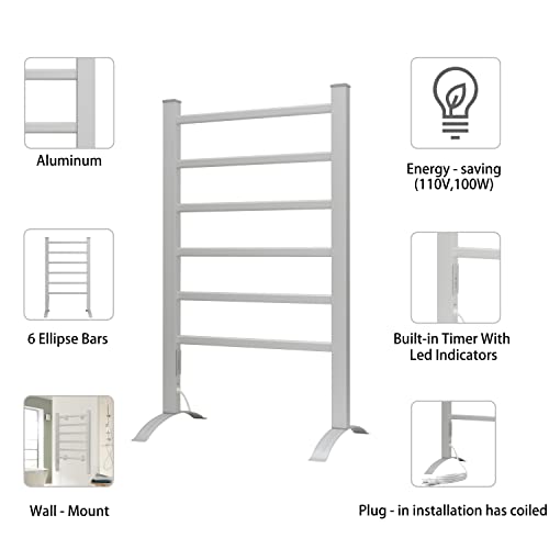 Keg TW-D-6 Towel Warmer 6 Bars For Bathroom Freestanding Or Wall Mounted Bath Towel Heater Plug-In thumb #3