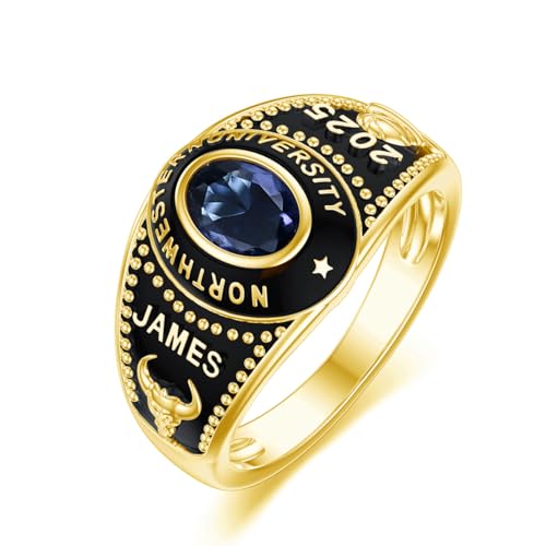 Customized Mens Class Rings 10k/14k/18k/Sterling Silver High School College Class Ring Personalied Oval Shape Birthstone Class Of 2025 2026 Ring Graduation Gift for Men(With Gift Box)2