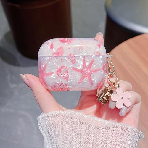 Image of MINSCOSE for AirPods Pro 3 Clear Case,Cute Glitter Seashell and Starfish Pattern Design with Folral Keychain,Soft TPU Protective Cover with Cleaner Kit for Girls Women-Pink