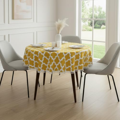 Image of HOMEMONDE Cotton Premium Dining Round Table Cover with White Border Pom-Pom, 45 x 45 Inches Geometric Printed Table Cloth 4 Seater, Round Table Cover - (114x114 CM, Yellow)
