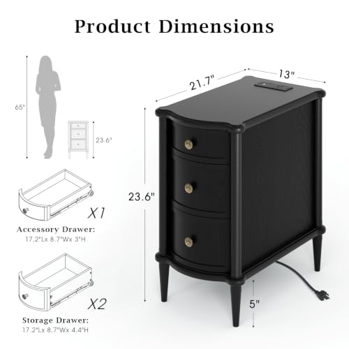 Image of JOINICE Narrow Nightstand with Drawers for Bedroom, Vintage Black