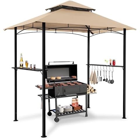 Raysfung 8'x 5' Grill Gazebo Canopy, Outdoor BBQ Gazebo with Led Light, Barbeque Gazebo Shelter for Patio(Khaki) Cover