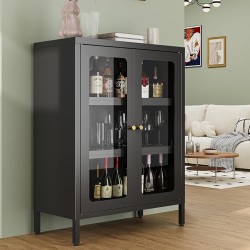 Image of Small Display Cabinet with Glass Doors, 12 inch Deep Small Curio Showcase with Two Glass Doors, 23.6 inch Wide Metal Floor Storage Cabinet for Collectibles Books China for Entryway, Home Office, Living Room