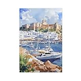 UTGN Póster de lienzo con impresión de isla mediterránea de Ibiza España, decoración de dormitorio, decoración de paisaje, regalo, 40 x 60 cm