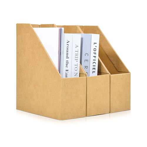 Marte Vanci Stehsammler A4 3 Stück Zeitschriftensammler Karton Schreibtisch Ordner Organizer Faltbares Aufbewahrungsregal mit Beschriftungsetikett für Büro Zuhause Schule Papierkram Buch Organisation