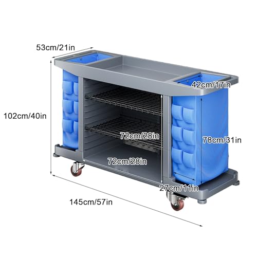 Carrito de limpieza con gran capacidad de almacenamiento, material plástico resistente y ruedas para una fácil movilidad, ideal para el saneamiento de habitaciones de huéspedes de hotel