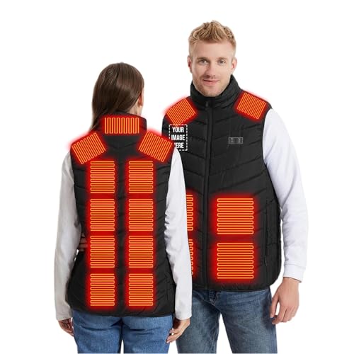 KODMNSW Personalisierte Beheizbare Weste Damen Herren Winter Heizweste mit 11/13/17/21 Heizzonen Beheizbare Jacke mit Foto und Text Personalisiert Ärmellos Winterjacke Wärme Steppweste Schwarz L