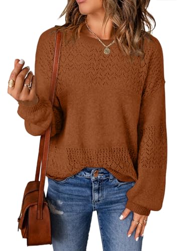 Image of SHEWIN Women's Sweaters Casual Long Sleeve V Neck Crewneck Lightweight Crochet Pullover Sweater Tops